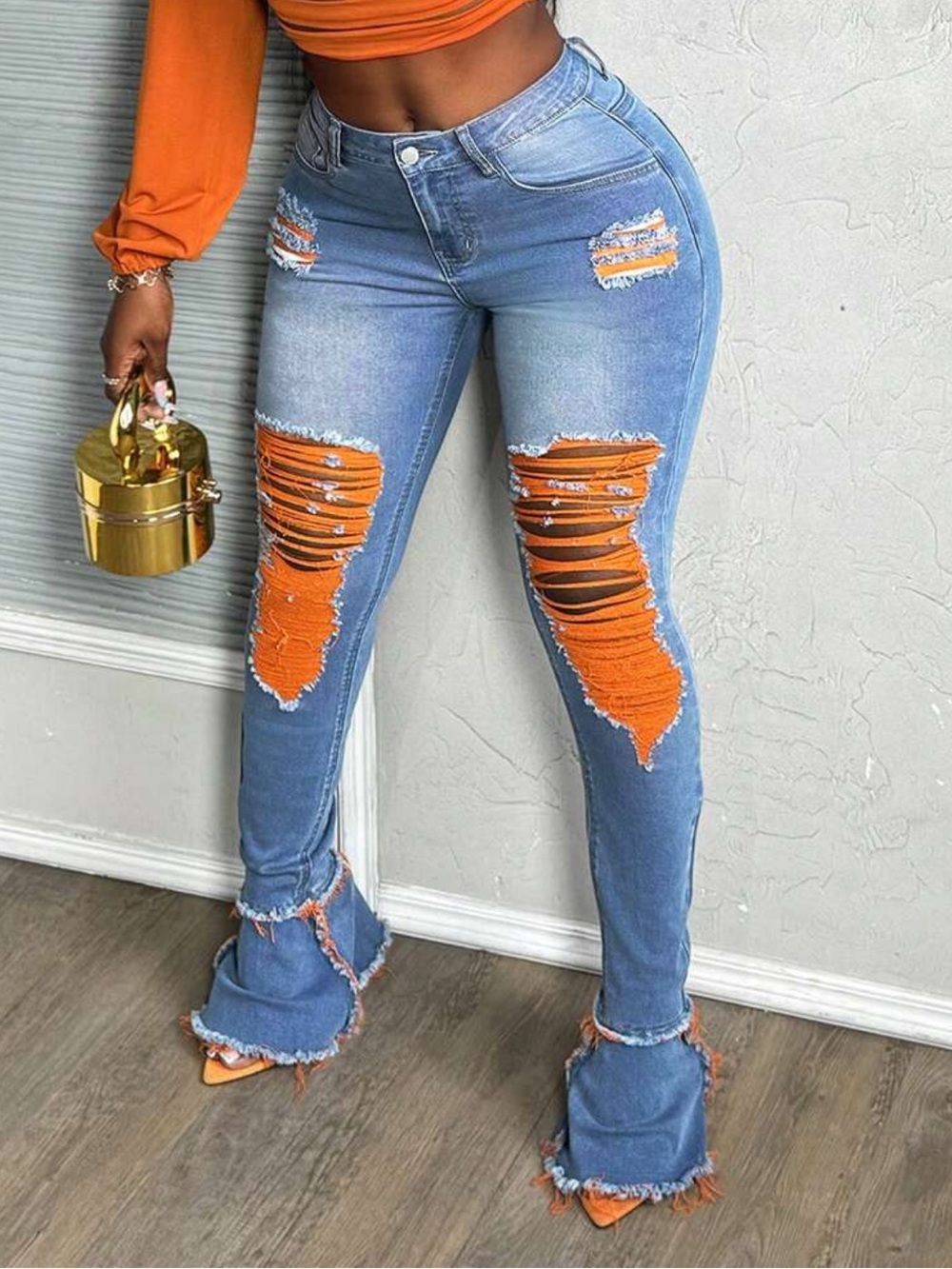 Shein Distressed Orange Fringe Flare Jeans